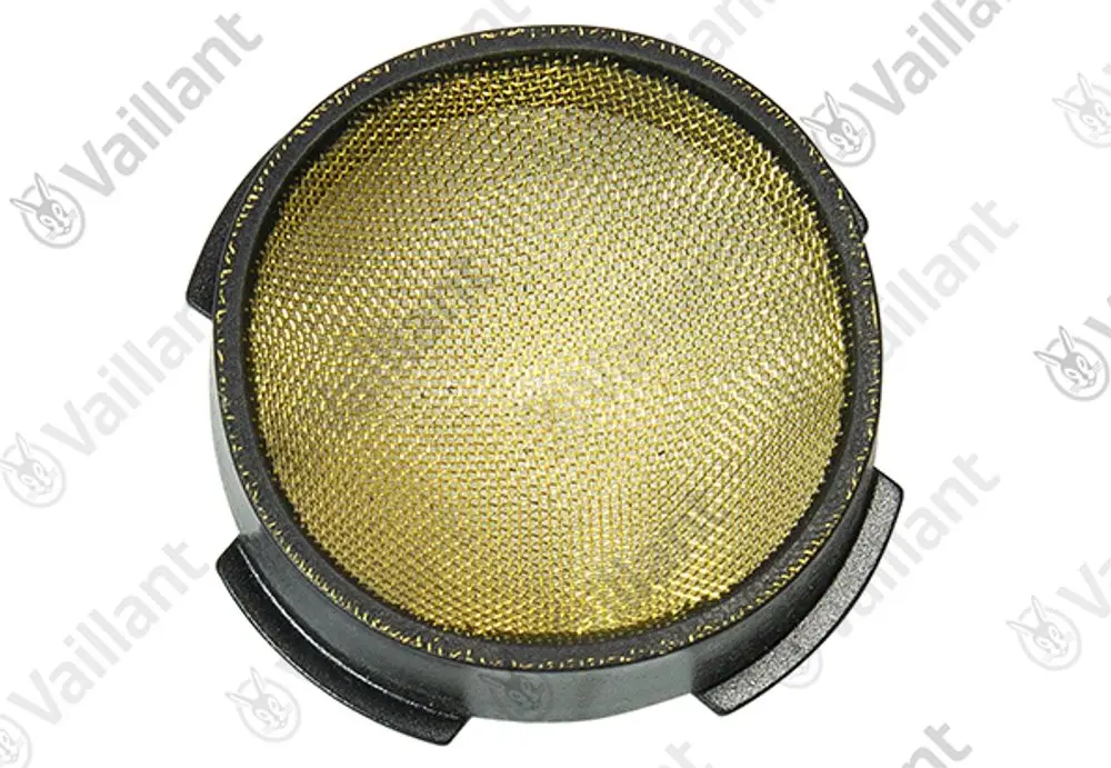 VAILLANT Filter mit einem goldfarbenen Maschengewebe in runder Form und schwarzem Rahmen, geeignet zur Verwendung in Heizsystemen.
